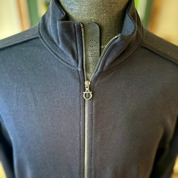 Ferragamo Mens Virgin Wool Bomber Jacket, SZ L, Navy, Zipper w/Leather, RT $1800 - Picture 3 of 14